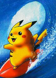  1998 ambiguous_gender beady_eyes black_body brown_body feral generation_1_pokemon happy ken_sugimori looking_at_viewer nintendo open_mouth pikachu pokemon pokemon_(species) red_cheeks solo surfboard surfing surfing_pikachu water wave yellow_body 