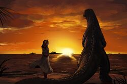  aircraft_carrier beach brown_hair crossover dinosaur dress evening explosion female godzilla godzilla_(series) high_side_ponytail highres historical_name_connection kantai_collection long_hair military military_vehicle mizuchi_(mizuchi7118) name_connection nuclear_explosion object_namesake ocean operation_crossroads outdoors palm_tree ponytail saratoga_(kancolle) ship side_ponytail smokestack_hair_ornament standing trait_connection tree uss_saratoga_(cv-3) vehicle_and_personification warship watercraft white_dress 