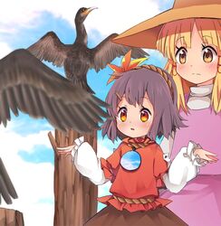  2girls aged_down alternate_eye_color autumn_leaves beak bird blonde_hair blue_sky blush brown_headwear brown_skirt closed_mouth commentary_request cormorant day eyelashes feathered_wings frilled_sleeves frills hair_ornament hairclip high_collar highres imitating layered_shirt leaf_hair_ornament lolicon long_sleeves medium_hair mirror moriya_suwako multiple_girls open_mouth orange_eyes outdoors parted_bangs pole purple_hair purple_skirt purple_vest red_shirt reflection rope shirt short_hair sidelocks skirt sky standing tatuhiro touhou turtleneck upper_body vest white_shirt wings yasaka_kanako yellow_eyes 