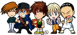  5boys belt black_belt black_eyes black_hair black_pants black_shorts black_sweater blonde_hair blue_eyes blue_jacket blue_pants chang_wufei chibi chinese_clothes clenched_hand closed_eyes collarbone double_v duo_maxwell green_eyes green_sweater green_tank_top grey_footwear gundam gundam_wing hands_in_pockets heero_yuy holding holding_stuffed_toy jacket jacket_on_shoulders male_focus multiple_boys open_hand orange_pants pants ponytail quatre_raberba_winner shoes shorts sneakers stuffed_animal stuffed_toy sweater tank_top teddy_bear tokita_kouichi trowa_barton v v-shaped_eyebrows white_background white_pants yellow_footwear 