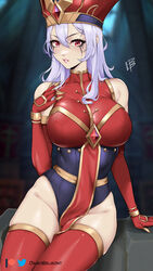  artist_name bare_shoulders breasts commentary_request damobelmont elbow_gloves eyeshadow female gloves grey_hair groin hair_between_eyes highres large_breasts leotard long_hair looking_at_viewer makeup parted_lips patreon_logo patreon_username pink_lips red_eyes red_gloves red_headwear red_thighhighs sally_whitemane sitting solo thighhighs thighs twitter_logo twitter_username warcraft world_of_warcraft 