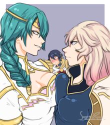  1boy 2girls alfonse_(fire_emblem) armor asymmetrical_docking blonde_hair blue_hair blush braid braided_ponytail breast_press breasts circlet cleavage dress fire_emblem fire_emblem_heroes gold_trim green_hair grin hair_ornament hair_over_one_eye highres kiran_(female)_(fire_emblem) kiran_(fire_emblem) large_breasts lips medium_hair multicolored_hair multiple_girls open_mouth purple_eyes robe short_hair sierra117renner simple_background single_braid smile thorr_(fire_emblem) white_dress white_robe yellow_eyes 