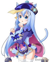  :o animal_ears bandaged_arm bandaged_leg bandages blue_dress blue_eyes blue_hair blue_hat cat_ears cat_girl cat_tail commentary_request cosplay cropped_jacket dress female genshin_impact gochuumon_wa_usagi_desu_ka? hair_between_eyes hands_up hat highres jacket kafuu_chino kemonomimi_mode long_sleeves looking_at_viewer mitya orb parted_lips paw_pose purple_jacket qingdai_guanmao qiqi_(genshin_impact) qiqi_(genshin_impact)_(cosplay) simple_background solo tail thighhighs twitter_username white_background white_thighhighs wide_sleeves yin_yang yin_yang_orb 