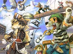  anthro avian blush boat brown_body brown_fur canid canine canis closed_eyes clothing detailed_background domestic_dog female fur group hat headgear headwear humanoid_hands kemono male mammal outside pirate sitting utsuki_maito vehicle watercraft weapon white_body 