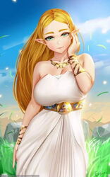  1girls arm_at_side artist_name background bangs bare_arms bare_shoulders big_breasts blonde_female blonde_hair bracelet bracer breasts breath_of_the_wild cleavage closed_mouth cloud collarbone curvy curvy_figure day demigoddess dress easonx elf female female_only grass green_eyes half-closed_eyes hand_up happy head_tilt high_resolution hips hylian hyrule_warriors:_age_of_calamity large_breasts lips long_dress long_hair looking_at_viewer neck necklace nintendo official_alternate_costume outdoors outside parted_bangs pointy_ears princess_zelda rock sky smile solo solo_female straight_hair strapless strapless_dress the_legend_of_zelda thick_eyebrows white_dress wind_lift zelda&#039;s_ceremonial_robes zelda_(breath_of_the_wild) 