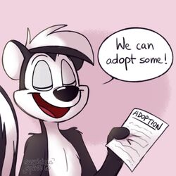  1:1 anthro black_body black_fur closed_eyes dialogue english_text fur holding_object holding_paper looney_tunes low_res male mammal mephitid multicolored_body multicolored_fur open_mouth paper pepe_le_pew pink_background simple_background skunk solo some_like_it_hot suspicious_spirit text two_tone_body two_tone_fur warner_brothers watermark white_body white_fur 