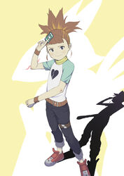  absurdres belt blue_eyes broken_heart_print brown_hair card digimon digimon_tamers digivice female full_body fumikazu highres looking_at_viewer makino_ruki photoshop_(medium) raglan_sleeves renamon shadow solo spiked_hair wristband 