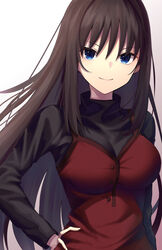  absurdres aozaki_aoko bao_(s_888) black_sweater blue_eyes breasts brown_hair dress female highres large_breasts layered_clothes long_hair long_sleeves looking_at_viewer mahou_tsukai_no_yoru red_dress smile solo sweater turtleneck turtleneck_sweater very_long_hair 