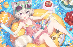  animal_ear_fluff animal_ears bamboo_shoot bikini birthday_cake braid breasts brown_hair cake candy commentary_request female flute food happy_birthday highres instrument komachi_panko lollipop looking_at_viewer low_twin_braids navel open_mouth phase_connect purple_eyes recorder red_panda_ears red_panda_girl red_panda_tail small_breasts smile solo swimsuit tail tam-u thick_eyebrows twin_braids virtual_youtuber 