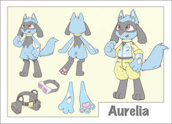  anthro aurelia_(draycros) canid canine clothed clothing english_text eyewear female fur fur_tuft generation_4_pokemon goggles imgonnaloveyou inner_ear_fluff jumpsuit looking_forward looking_up mammal model_sheet multiple_poses nintendo nude pawpads pink_pawpads pokemon pokemon_(species) pose riolu scar semi-anthro simple_background solo standing text tool_belt tuft welding_goggles young young_anthro 