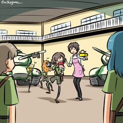  6+girls akiyama_yoshiko akiyama_yukari alternate_costume apron arms_up belt bento black_pants blonde_hair brown_hair camcorder camera closed_eyes collared_shirt commentary disguise flying_sweatdrops frown girls_und_panzer green_shirt green_shorts holding holding_camera indoors jaw_drop kamonohashi_(girls_und_panzer) koala koala_forest_military_uniform kogane_(staygold) long_sleeves looking_at_another looking_back lowres messy_hair military military_vehicle mother_and_daughter motor_vehicle multiple_girls one-hour_drawing_challenge open_mouth orange_hair pants pink_apron ponytail pouch sam_browne_belt shadow shirt short_hair short_sleeves shorts sleeves_rolled_up smile standing standing_on_one_leg surprised tank twitter_username video_camera wallaby_(girls_und_panzer) white_shirt 