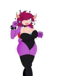  absurd_res anthro big_breasts bite black_clothing bowser bowsette_meme breasts cinnamon_(talkanddraw) clothing crown dragon fan_character female footwear hair headgear hearts_around_head hi_res horn koopa laranxart mario_bros meme mythological_creature mythological_scalie mythology nintendo red_hair scalie simple_background socks solo super_crown tongue tongue_bite tongue_out white_background 