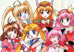  6+girls :d :o ;d ai_tenshi_densetsu_wedding_peach akazukin_chacha animal_ears bishoujo_senshi_sailor_moon blonde_hair blue_eyes blue_sailor_collar bow brown_hair cat_ears chacha_(akazukin_chacha) choker corrector_yui crescent crescent_earrings crossover double_bun earrings elbow_gloves gloves green_eyes hair_bun hairbow hanasaki_momoko happy highres holding jewelry kasuga_yui long_hair looking_at_viewer magical_girl magical_princess mermaid_melody_pichi_pichi_pitch mew_ichigo momomiya_ichigo multiple_crossover multiple_girls nanami_lucia oerba_yun_fang one_eye_closed open_mouth parted_bangs pink_hair red_bow red_choker red_gloves sailor_collar sailor_moon sailor_senshi_uniform simple_background smile tokyo_mew_mew traditional_media tsuki_ni_kawatte_oshioki_yo tsukino_usagi twintails upper_body wedding_peach white_gloves yellow_bow you_ma 