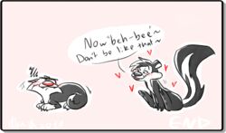  accent blush dialogue domestic_cat duo english_text felid feline felis heart_symbol looney_tunes male male/male mammal mephitid pepe_le_pew skunk sylvester_(looney_tunes) text unknown_artist warner_brothers 