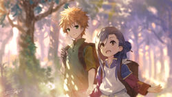  1boy absurdres apron backpack bag blonde_hair blue_hair blurry blush brown_eyes commentary dappled_sunlight depth_of_field end_card female forest green_eyes hair_bun hair_ornament hairpin highres honzuki_no_gekokujou lolicon long_hair looking_at_another lutz_(honzuki_no_gekokujou) myne_(honzuki_no_gekokujou) nature open_mouth outdoors photoshop_(medium) signature single_hair_bun smile spiked_hair sunlight walking you_shimizu 