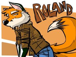  2_tails 4:3 bottomwear canid canine clothing con_badge convention denim denim_bottomwear denim_clothing emmm fox frown grumpy jacket jeans low_res male mammal multi_tail pants roland_guiscard solo tail topwear 