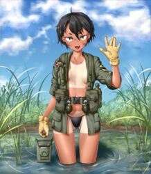  1st_cavalry_division absurdres alice_gear ammunition_box bikini bikini_bottom_only black_bikini black_eyes black_hair blue_sky breasts ceramic_plate cloud collarbone day explosive female gloves green_shirt grenade highres oerba_yun_fang open_clothes open_shirt original outdoors shirt short_hair sky small_breasts solo swimsuit tan tanlines tomboy vietnam_war wading yellow_gloves 