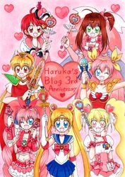  6+girls :d absurdres ahoge ai_tenshi_densetsu_wedding_peach akazukin_chacha anniversary armor bishoujo_senshi_sailor_moon blonde_hair blue_eyes blue_sailor_collar blue_skirt bow breasts chacha_(akazukin_chacha) choker commentary_request crescent crescent_earrings crossover cure_melody cure_peach double_bun dress earrings elbow_gloves english_text fresh_precure! gloves green_eyes hair_bun hairbow hanasaki_momoko happy heart heart_choker heart_earrings highres holding holding_sword holding_wand holding_weapon houjou_hibiki jewelpet jewelpet_(series) jewelpet_twinkle jewelry kougyoku_rinko long_hair looking_at_viewer magical_girl magical_princess midriff miniskirt momozono_love multiple_crossover multiple_girls navel necklace one_eye_closed open_mouth pink_hair pleated_skirt precure princess-heart puffy_short_sleeves puffy_sleeves red_bow red_choker red_eyes red_hair sailor_collar sailor_moon sailor_senshi_uniform sakura_akari short_sleeves shoulder_armor skirt smile spiral_heart_moon_rod suite_precure sword tsukino_usagi twintails very_long_hair wand weapon wedding_peach white_gloves yellow_bow yellow_choker 