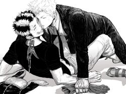  2boys all_fours aomushiko bandaid bandaid_on_face bruise bruise_on_face closed_eyes collared_shirt dorohedoro facing_another facing_to_the_side formal fujita_(dorohedoro) gloves greyscale hat holding holding_clothes holding_gloves injury jacket knees_up licking licking_another&#039;s_face long_sleeves male_focus mask midriff monochrome multiple_boys necktie pants reclining shin_(dorohedoro) shirt shoe_soles short_hair short_sleeves shorts simple_background stitched_fingers striped suit t-shirt tongue tongue_out unworn_gloves unworn_hat unworn_headwear unworn_mask yaoi 