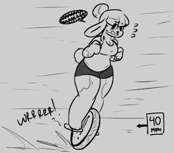  anthro breasts clothed clothing dialogue dialogue_box english_text female fluffy fluffy_tail fur hijackerdraws lagomorph leporid lo_(honeyafro) mammal monochrome monocycle open_mouth rabbit simple_background solo tail text unicycle vehicle 