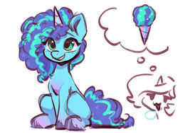  2022 4:3 afro blue_body blue_hair blue_hooves blue_tail dessert digital_media_(artwork) duo equid equine eyebrows female feral food freckles green_eyes hair hasbro hi_res hooves horn ice_cream mammal misty_brightdawn_(mlp) mlp_g5 multicolored_hair my_little_pony mythological_creature mythological_equine mythology oofycolorful simple_background sitting smile tail two_tone_hair two_tone_tail unicorn unicorn_horn white_background 