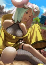  :d blurry breasts brown_eyes cloud commentary_request day eyelashes fagi_(kakikaki) female green_hair grey_shirt highres iono_(pokemon) jacket long_hair open_mouth outdoors pokemon pokemon_(creature) pokemon_sv rotom rotom_phone sharp_teeth shirt single_leg_pantyhose sitting sky sleeveless sleeveless_shirt sleeves_past_fingers sleeves_past_wrists smile teeth thigh_strap upper_teeth_only wiglett yellow_jacket 