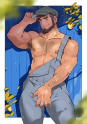  1boy alternate_pectoral_size arm_hair armpit_hair bara bare_pectorals beard blurry blush brown_eyes brown_hair chest_hair closed_mouth commentary_request covering_crotch covering_privates crotch_grab facial_hair grey_hat grey_overalls hand_up hat highres looking_at_viewer male_focus male_masturbation masturbation masturbation_through_clothes mature_male meyer_(pokemon) muscular muscular_male naked_overalls nipples overalls pectorals pokemon pokemon_(anime) pokemon_xy_(anime) shiny_skin short_hair smile solo thighs tofu_(tofulabo) 