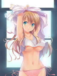  armpits arms_up blonde_hair blush breasts clothes_lift collarbone commentary_request female green_eyes hair_between_eyes highres indoors large_breasts long_hair looking_at_viewer navel original panties parted_lips pink_panties revision shirt_lift side-tie_panties sleepwear solo striped_clothes striped_panties takepon underboob underwear undressing window 