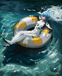  ayanami_rei blue_hair bodysuit breasts female floating full_body highres innertube interface_headset light_smile looking_at_viewer lying medium_breasts neon_genesis_evangelion on_back on_water pakkun pilot_suit plugsuit red_eyes short_hair solo star_(symbol) star_print swim_ring water white_bodysuit 