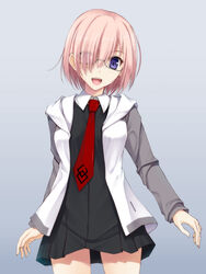  :d blush breasts chaldea_logo fate/grand_order fate_(series) female glasses hair_over_one_eye long_sleeves mash_kyrielight necktie open_mouth pink_hair purple_eyes shirt short_hair smile solo takepon thighs undershirt 