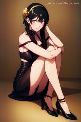  1girls ai_generated black_dress black_hair dinixdream dress earrings female female_focus high_heels human male nai_diffusion naked nude patreon patreon_username red_eyes sitting sitting_on_floor spy_x_family stable_diffusion white_skin yor_briar yor_forger 