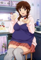  amagami breasts brown_eyes brown_hair cake eating fat female food frosting fruit highres icing large_breasts plump sakurai_rihoko skirt strawberry thighhighs zettai_ryouiki 