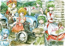  6+girls :d aki_minoriko aki_shizuha antennae blonde_hair blue_eyes blue_hair bow carrying cirno commentary_request dirt dress farm food frog_hair_ornament fruit gloves grapes green_eyes green_hair hair_ornament hair_tubes hairbow hand_to_own_mouth hat hill kazami_yuuka kochiya_sanae leaf leaf_on_head long_hair master_(4th) motor_vehicle multiple_girls open_mouth photoshop_(medium) pickup_truck picnic_basket red_eyes sack shirt short_hair skirt sleeveless sleeveless_shirt smile snake touhou tractor truck vest wriggle_nightbug yellow_eyes 