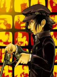  androgynous blue_eyes blue_hair cabbie_hat commentary_request crossdressing detective female gun handgun hat jacket long_sleeves looking_away manderson persona persona_4 profile realistic reloading reverse_trap revolver school_uniform serious shirogane_naoto short_hair standing television wavy_hair weapon 