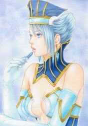  bad_id bad_pixiv_id bare_shoulders blue_eyes blue_hair blue_rose blue_theme breast_padding breasts cleavage colored_pencil_(medium) corrupted_metadata crystal_earrings earrings elbow_gloves female gloves hat jewelry juliejulie karina_lyle lipstick makeup marker_(medium) medium_breasts short_hair solo superhero_costume tiger_&amp;_bunny traditional_media transparent_breasts_pads 