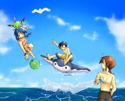  2boys ^^^ bad_link bikini closed_eyes ethan_(pokemon) female food grin gulpin hand_on_own_hip holding kris_(pokemon) male_swimwear mantine multiple_boys natu ocean pokemon pokemon_(creature) pokemon_adventures ponytail popsicle silver_(pokemon) smile swim_trunks swimsuit tankini topless_male tubomizaki water wingull 