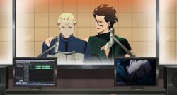  2boys ahoge anger_vein black_hair blonde_hair blood blood_on_face blue_eyes commentary_request diarmuid_ua_duibhne_(lancer)_(fate) fate/zero fate_(series) fourth_wall hair_slicked_back highres kayneth_el-melloi_archibald ldm07 male_focus microphone multiple_boys photoshop_(medium) recording_studio script spoilers tears yellow_eyes 