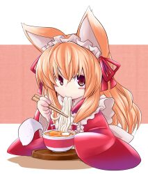  aburaage animal_ears blonde_hair blush blush_stickers bowl chopsticks commentary_request cup_ramen eating female food fox_ears hair_ribbon headdress highres instant_udon kitsune_udon kobayashi_tetsuya long_hair maruchan_akai_kitsune_udon noodles original red_eyes ribbon solo udon 