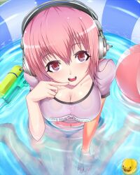  ball beachball breasts cleavage female finger_to_mouth from_above headphones kasai_shin large_breasts long_hair nitroplus pink_eyes pink_hair rubber_duck solo super_sonico water water_gun 