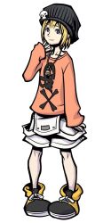  beanie bell bitou_raimu blonde_hair female hat heart imageboard_desourced jewelry necklace non-web_source official_art overalls shoes short_hair shorts skull_and_crossbones sneakers solo subarashiki_kono_sekai white_shorts 