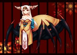  arachne arthropod_girl bare_shoulders breasts cleavage commentary_request female horns japanese_clothes konshin large_breasts long_hair monster_girl original red_eyes smile solo spider_girl taur temari_(konshin) white_hair 