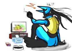  !? absurdres ashtray bad_id bad_pixiv_id censored cigarette coo2 furry highres identity_censor lucario pokemon pokemon_(creature) red_eyes solo tissue_box watching_television 