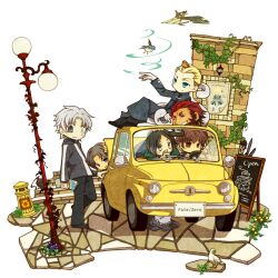  6+boys artoria_pendragon_(fate) assassin_(fate/zero) berserker_(fate/zero) bird car chibi command_spell commentary_request diarmuid_ua_duibhne_(lancer)_(fate) fate/zero fate_(series) gengendou iskandar_(fate) ivy male_focus map matou_kariya mercury_(element) motor_vehicle multiple_boys photoshop_(medium) pigeon saber_(fate) snake sunroof tohsaka_tokiomi vehicle_focus vimana volumen_hydragyrum_(fate) waver_velvet 