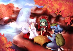  3girls animal_ears backpack bag blue_eyes blue_hair board_game bow commentary_request front_ponytail green_eyes green_hair hair_ornament hair_ribbon hairbow hat highres inubashiri_momiji kagiyama_hina kane-neko kawashiro_nitori multiple_girls red_eyes ribbon shogi tail tears tokin_hat touhou two_side_up white_hair wolf_ears wolf_tail 