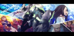  2boys 3girls aqua_hair arata_naru bad_id bad_pixiv_id black_hair blonde_hair blue_eyes dark_skin elena_peoples eureka_seven_(series) eureka_seven_ao fleur_blanc fukai_ao fukai_toshio gazelle_(eureka_seven_ao) glasses glowing grey_hair hajime_(hajime-ill-1st) highres letterboxed mecha multiple_boys multiple_girls nirvash_(eureka_seven_ao) paneled_background pilot_suit purple_eyes purple_hair robot shadow sky 