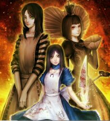  3girls alice:_madness_returns alice_liddell_(american_mcgee&#039;s_alice) american_mcgee&#039;s_alice black_hair commentary_request crown green_eyes jupiter_symbol knife kugi_ta_hori_taira lips long_hair looking_at_viewer multiple_girls multiple_persona nail_polish queen_of_hearts_(alice_in_wonderland) red_eyes scepter striped supportasse uranus_symbol 