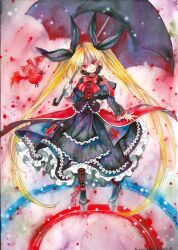  artist_name black_dress black_umbrella blazblue blonde_hair bow commentary_request dated dress female gii heel-less_heels holding long_hair mosho painting_(medium) platform_footwear rachel_alucard red_bow red_eyes shoes signature traditional_media twintails umbrella very_long_hair watercolor_(medium) 