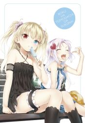  2girls arm_strap bare_shoulders bench black_dress black_legwear blonde_hair boku_wa_tomodachi_ga_sukunai bridal_garter buriki casual chips_(food) closed_eyes collarbone cross cross_necklace dress fangs food hair_ornament halterneck hasegawa_kobato heart heterochromia highres jewelry kneehighs looking_at_viewer multiple_girls necklace popsicle potato_chips short_dress sitting socks takayama_maria thigh_strap tongue two_side_up white_hair 