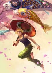  1boy barefoot blonde_hair cherry_blossoms commentary_request hand_wraps highres ivan_karelin jumping kame4282 kite kodomo_no_hi koinobori male_focus oil-paper_umbrella parasol petals purple_eyes solo tank_top tiger_&amp;_bunny umbrella windsock 