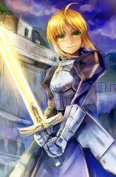  ahoge armor armored_dress arnoul artoria_pendragon_(fate) bad_id bad_pixiv_id blonde_hair dress excalibur_(fate/stay_night) fate/zero fate_(series) female gauntlets glowing glowing_weapon green_eyes hair_ribbon photoshop_(medium) ribbon saber_(fate) smile solo sword weapon 